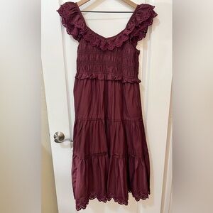 Madewell Lucie Women’s Long Cottagecore Cotton Embroidered Maroon Midi Dress 4P